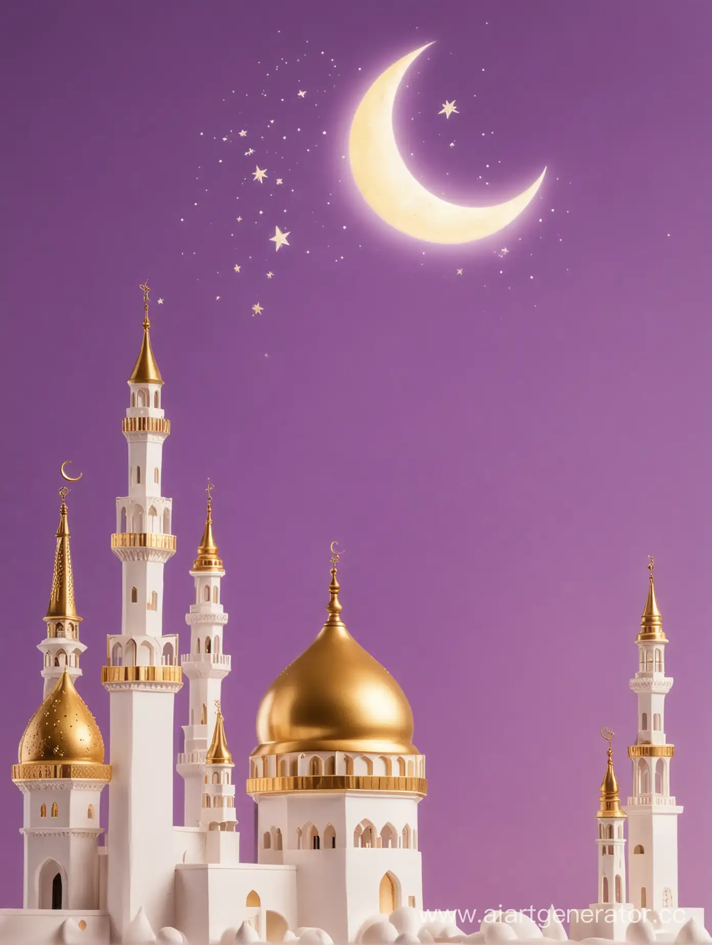 golden and purple Ramadan scene with a crescent moon, minaret, mehrab, and star, white background