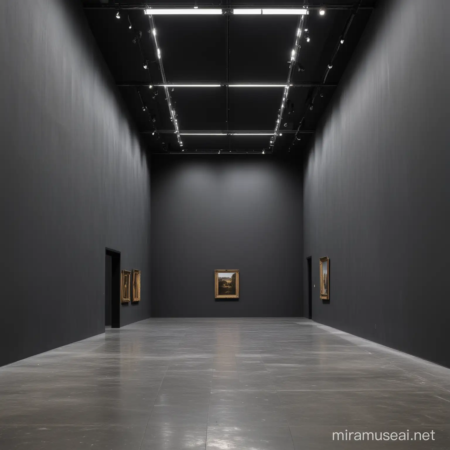 empty museum walls exhibition space, dark grey walls, high ceilings