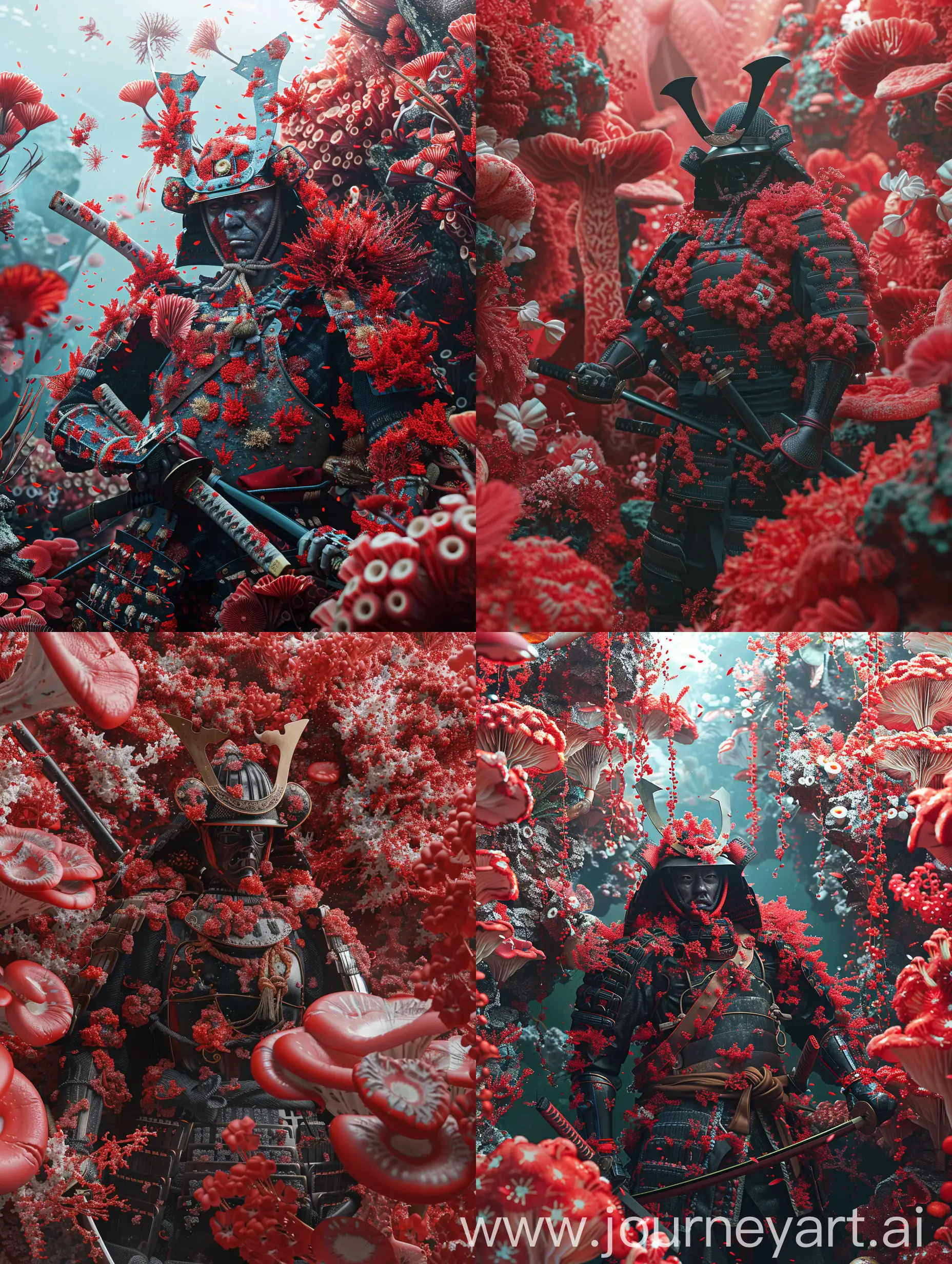 SUPREME BRAND samurai surrounded by and covered in colourful RED Florecent coral and fungi, hyper realistic, 3d,