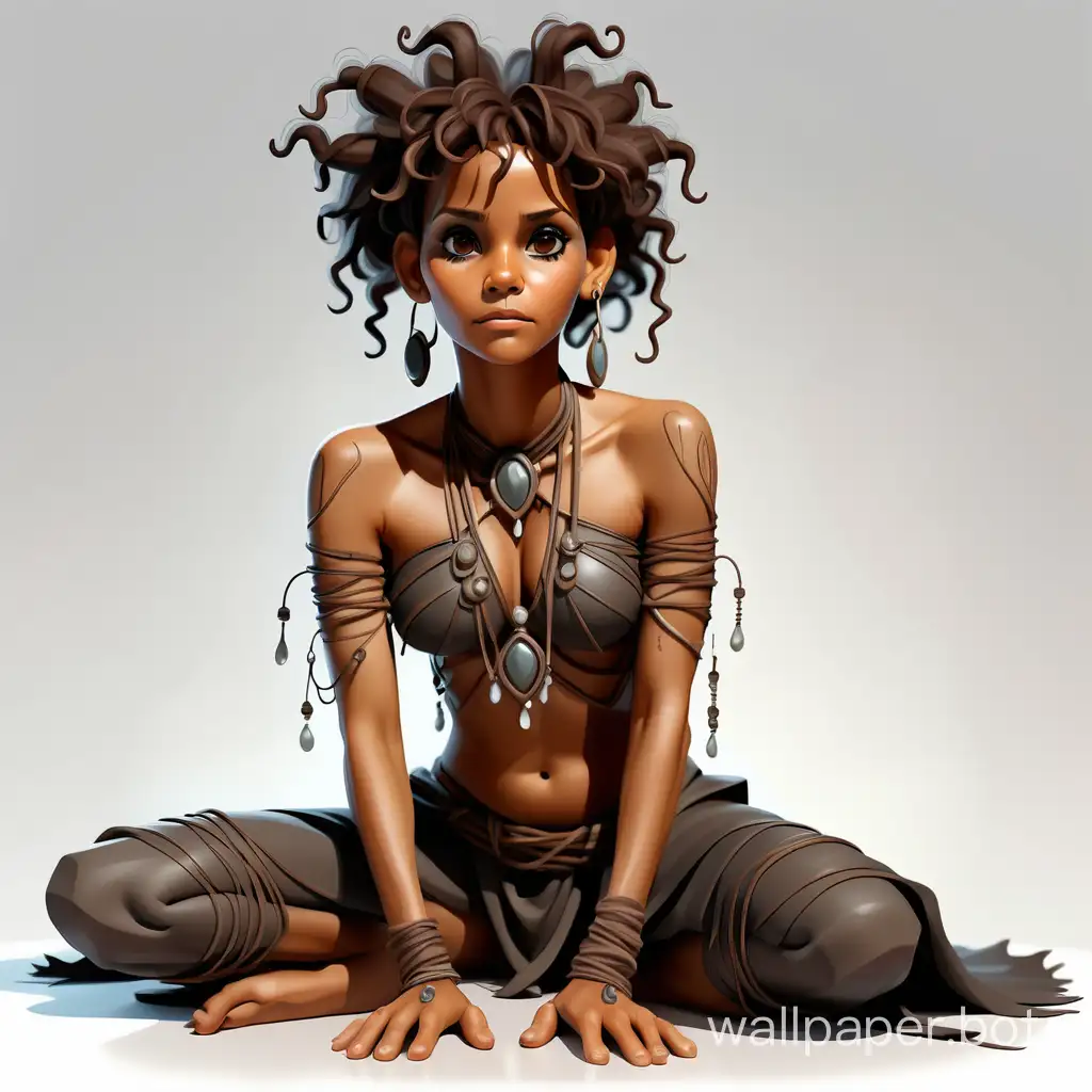 art, illustration, light transparent contour graphics. A black Druid girl sits on the floor. Slight resemblance to Halle Berry. Costume. Clarity, sharpness. White background. high quality. high detail.