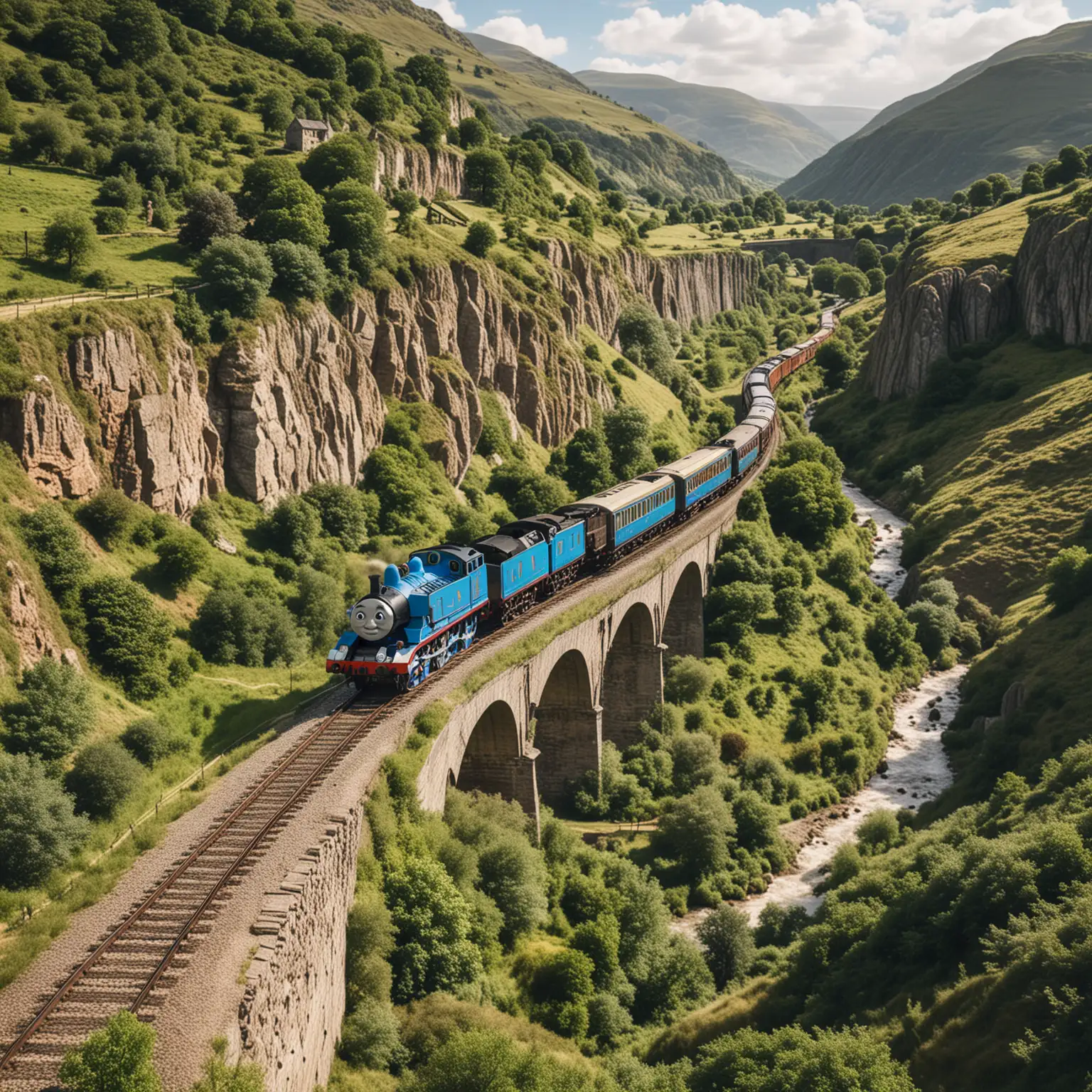 thomas the tank engine travelling through a valley