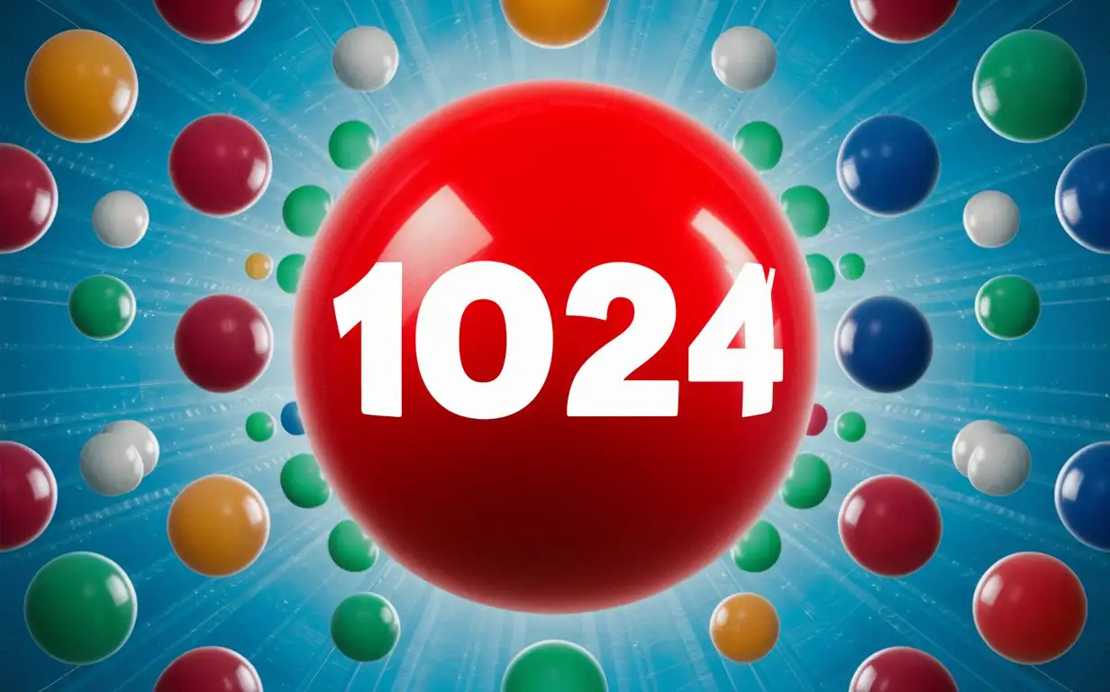 Обложка для игры. Голубой фон. Много Пластмассовых шаров разного размера и цвета. Посередине большой красный шар. На нем белая надпись 1024.