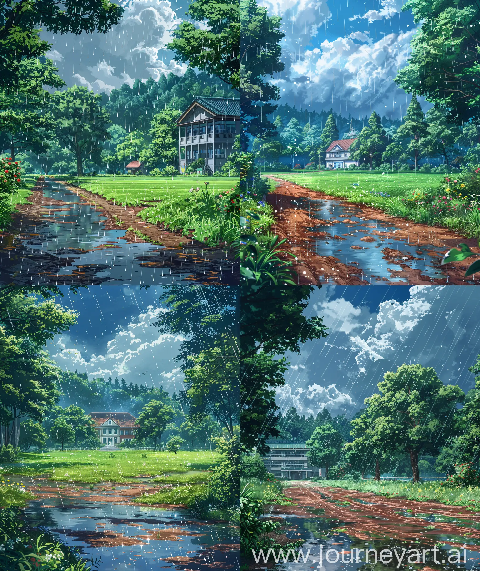 Anime scenary, illustration, daytime and rain , rain falling, front facade view of school, trees, fields, beautiful decorating, rain, muddy fields, little bit grass and flowers, ultra hd, High quality, no blurry image, no hyperrealistic --ar 27:32 --s 400