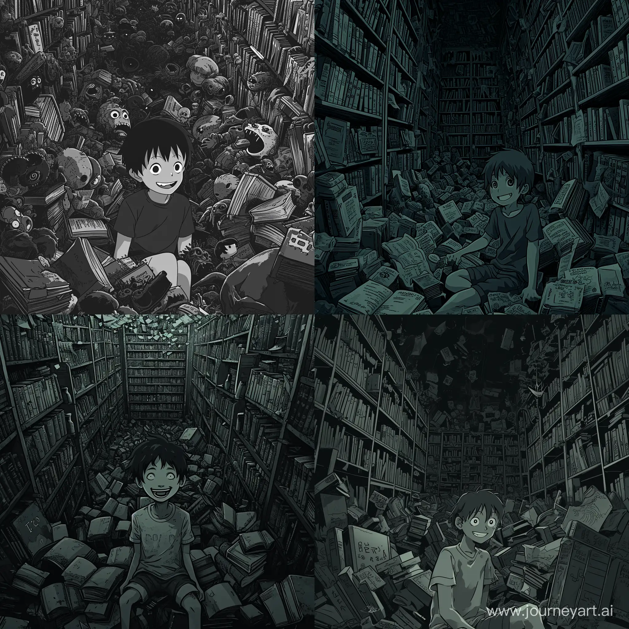 in a dark and eerie anime style reminiscent of Junji Ito's works a boy with an smile sits amidst a surreal library of bizarre, eldritch books. The color temperature is a chilling monochromatic grayscale