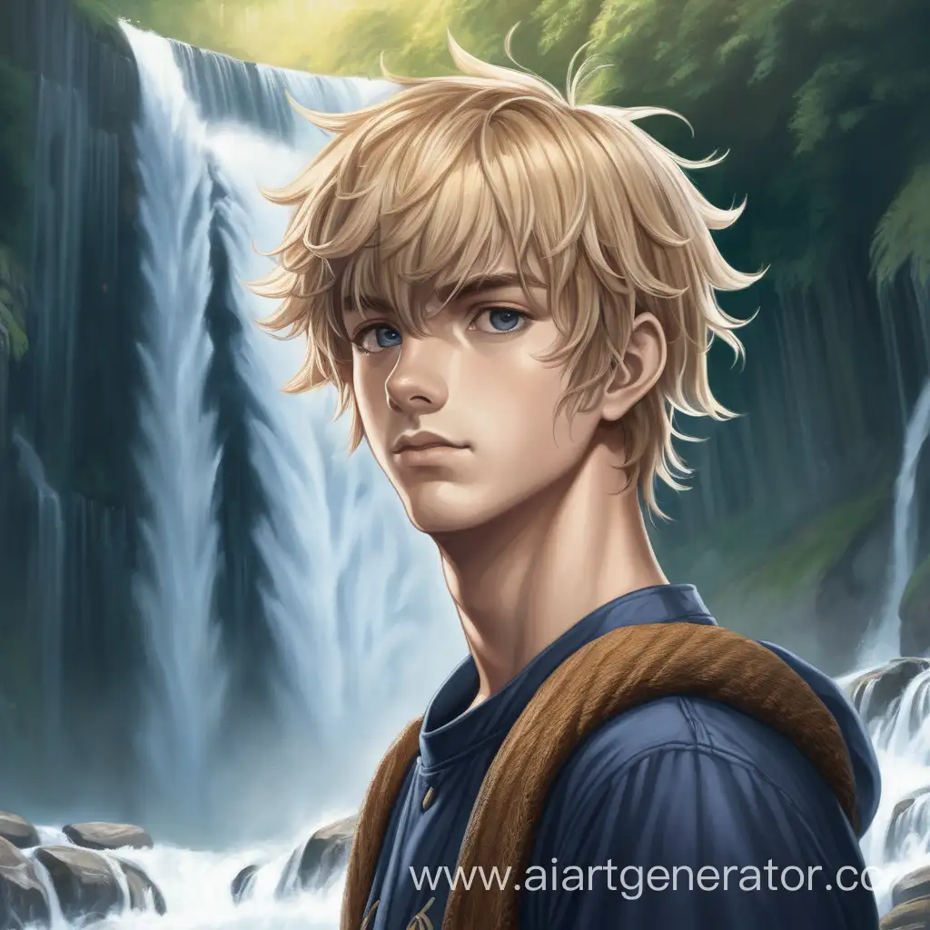 Молодой человек на фоне водопада, светлые волосы
