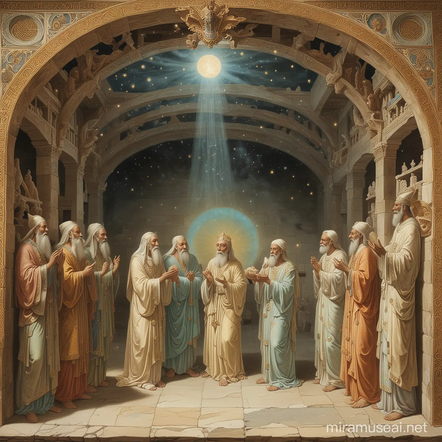 the luminous chambers of the celestial court with elders holding a baby