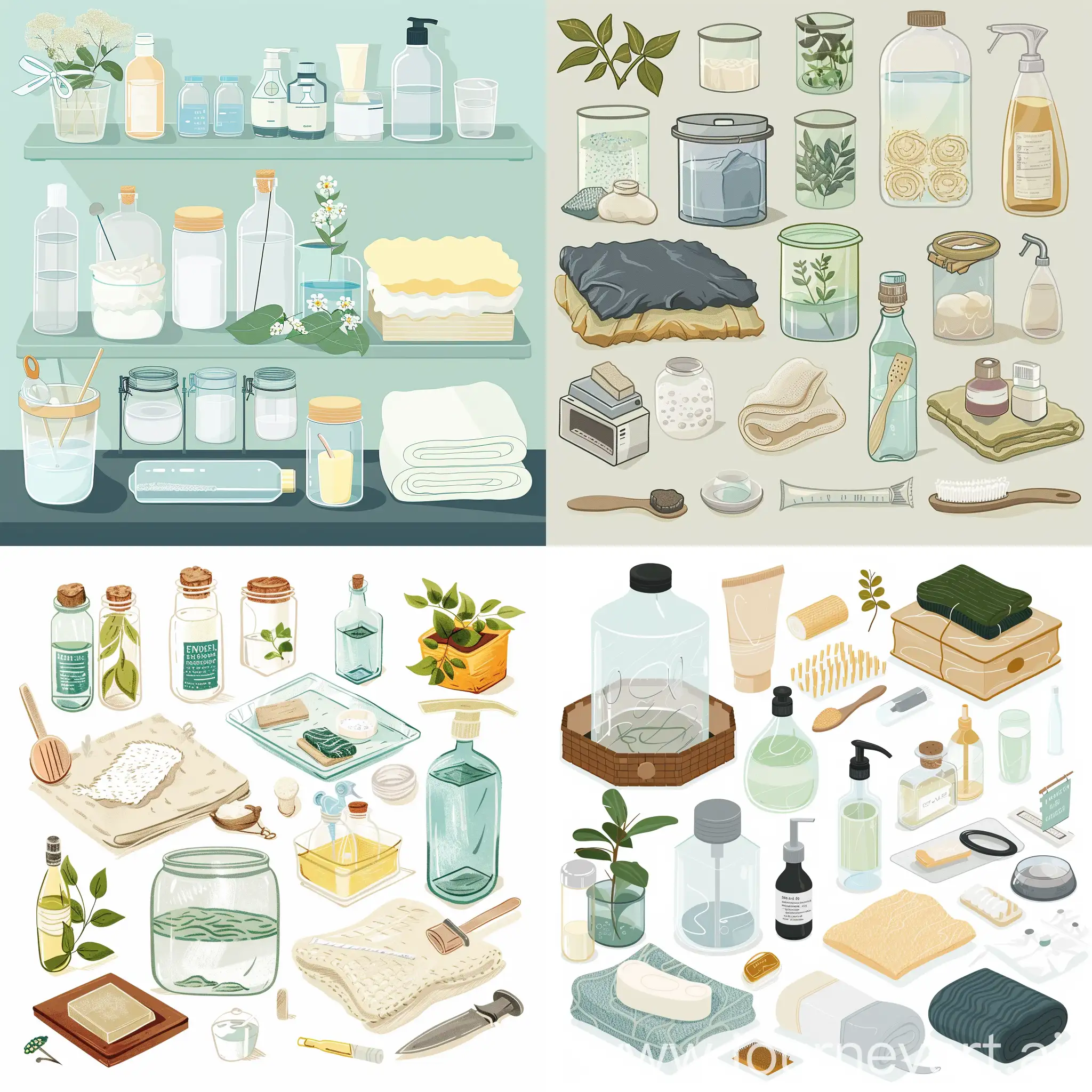 Generate a 2D illustration of a household setting with various items and practices aimed at minimizing exposure to endocrine disruptors. Include visual elements such as glass containers, natural soap, wool or cotton bedding, filtered water, and other alternatives to common household items that may contain harmful chemicals.