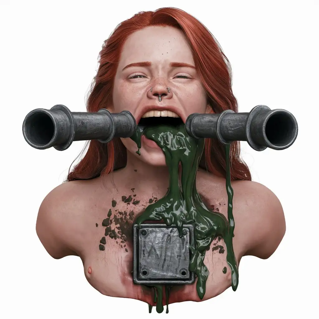 3d ultra realist resolution render, unreal engine render image portrait of a redhead young twenty girl russian screaming crying painful, iron big pipeline wall fixed inside mouth to pipeline, mud liquid and dark green liquid overflow of mouth, chest men body flat, nose piercing, inside iron box square.