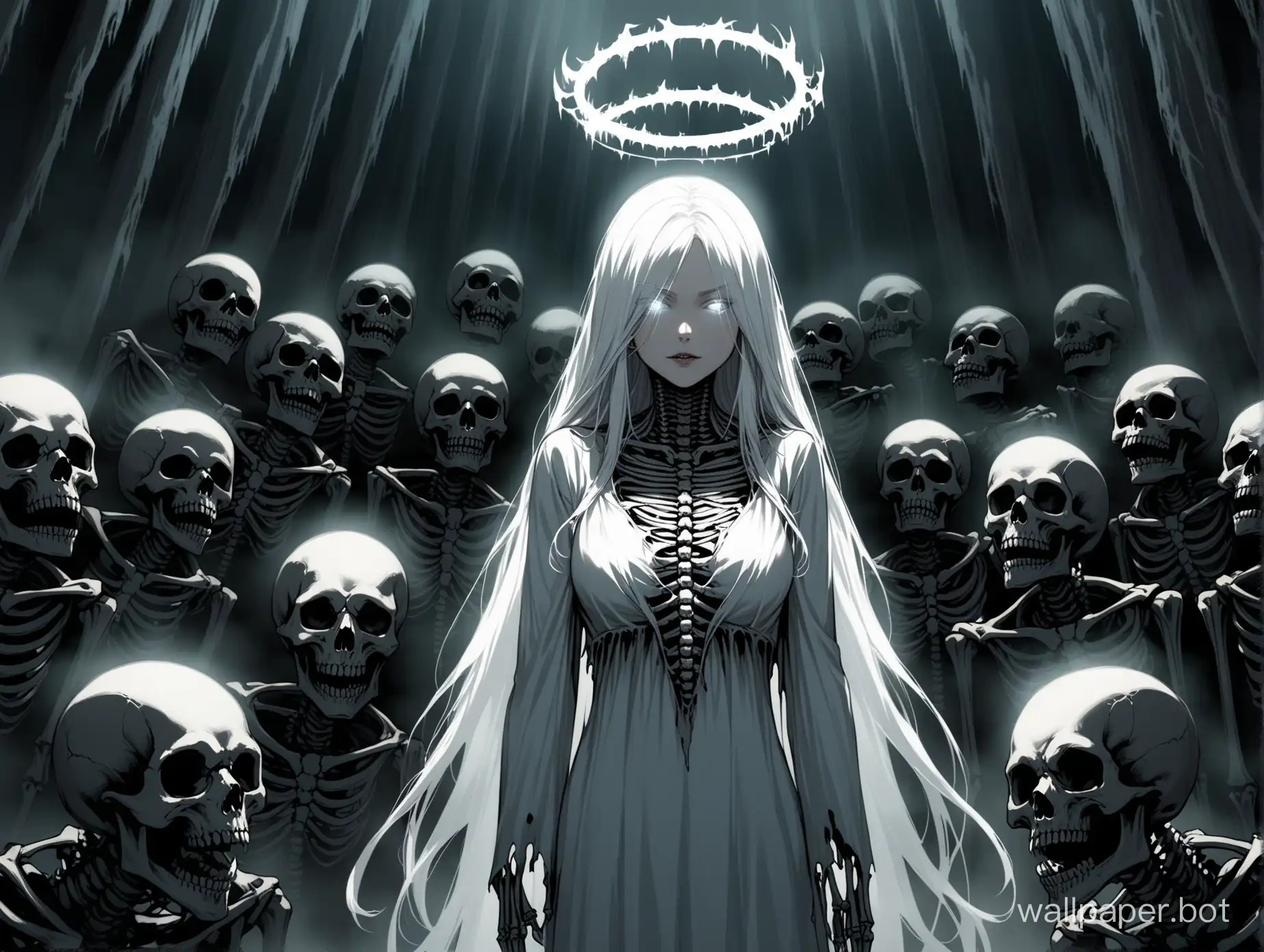 A white female with white hair and a white halo that has an unholy dark aura and a background of sinister skeletons