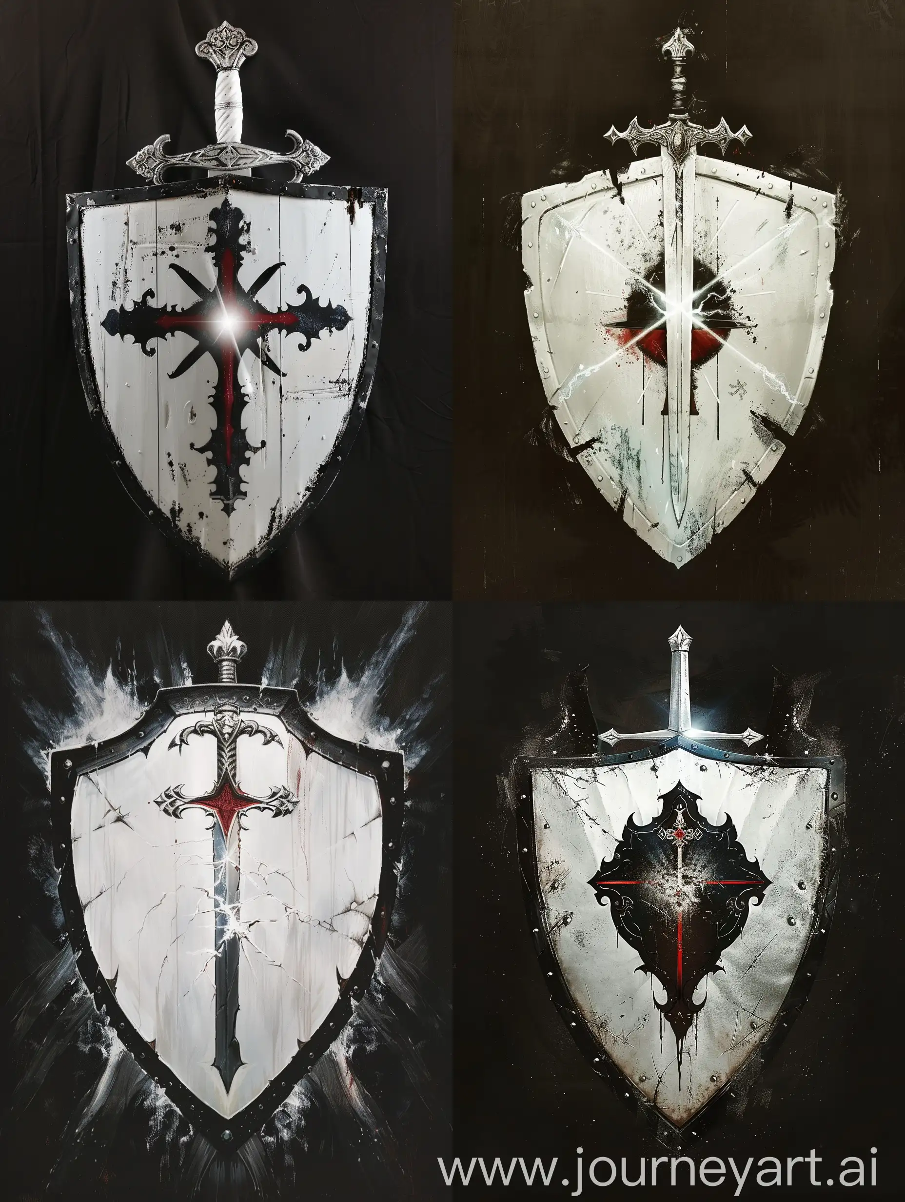 Белый щит с черными краями, за щитом серебряный меч а, меч держат латные перчатки белого цвета, на щите изображён красный крест от которого исходит белый свет. 

