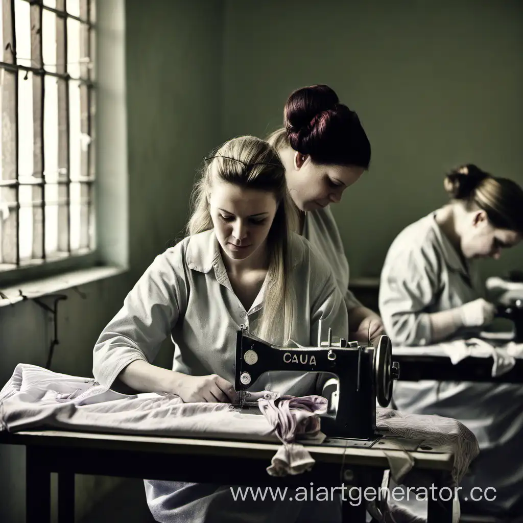 mujeres caucasianas, cosiendo bragas, en una prision femenina, 