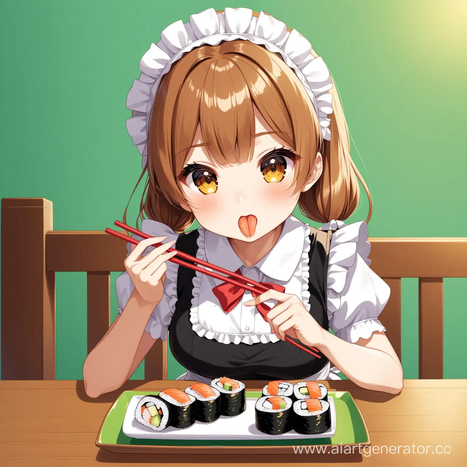 Adorable-Maid-Girl-Enjoying-Delicious-Sushi-Rolls