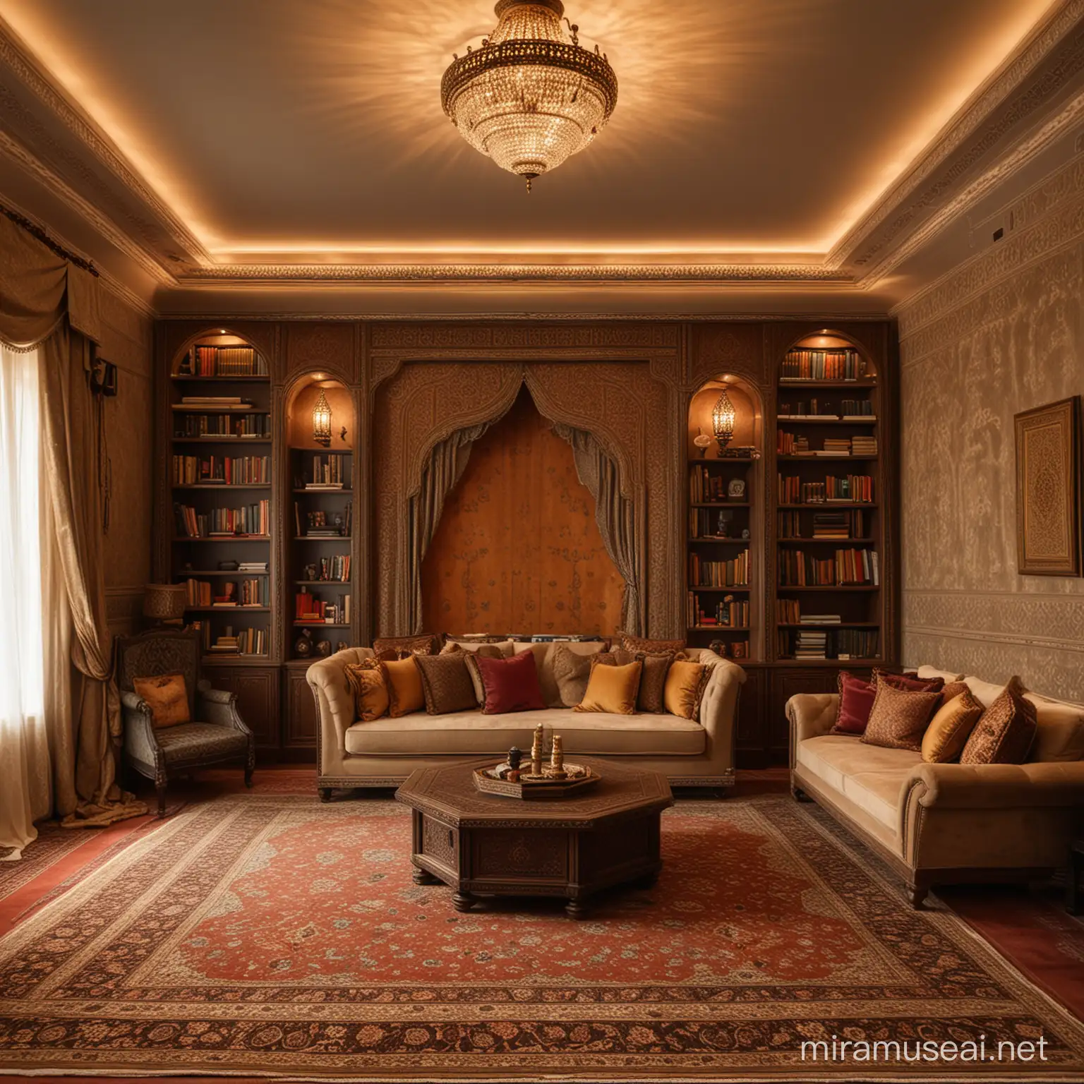 ديكور غرفة إسلامية فيها كنبه و سجاد و مكتبة كتب اضاءة رمبرانت
