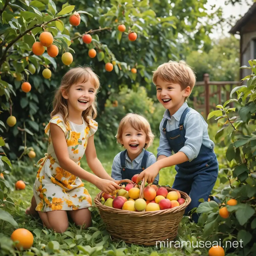 дети европейцы собирают фрукты в саду, они весёлые, счастливые, у них всё получается, возраст детей 6-7 лет
