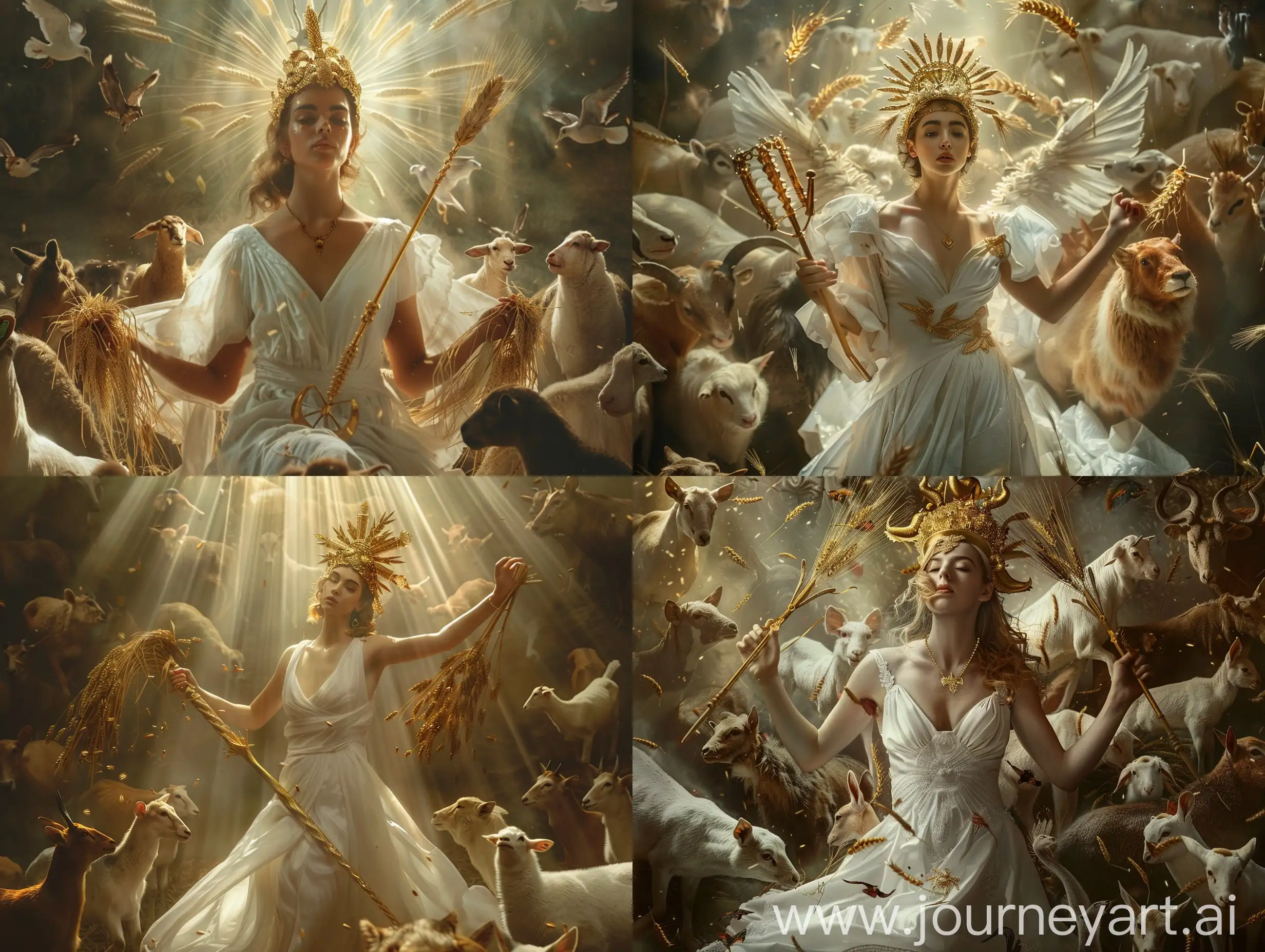 goddess, white dress, crown in the form of the sun, golden sickle and wheat in her hands, surrounded by many animals, cinematic lighting, mystery