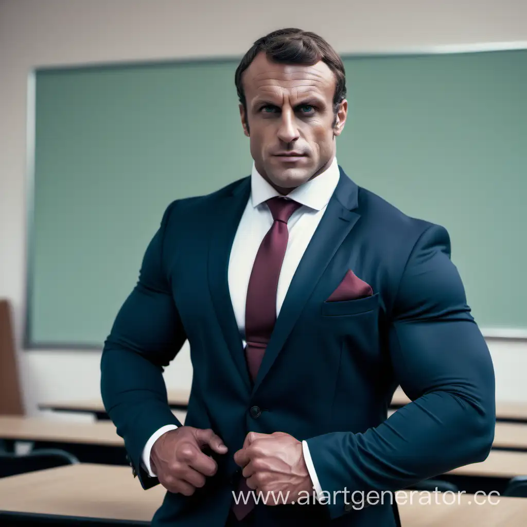 Bodybuilder Macron beefy stocky burly bodybuilder muscular suit and tie in a classroom, detailed face features, 4k photography