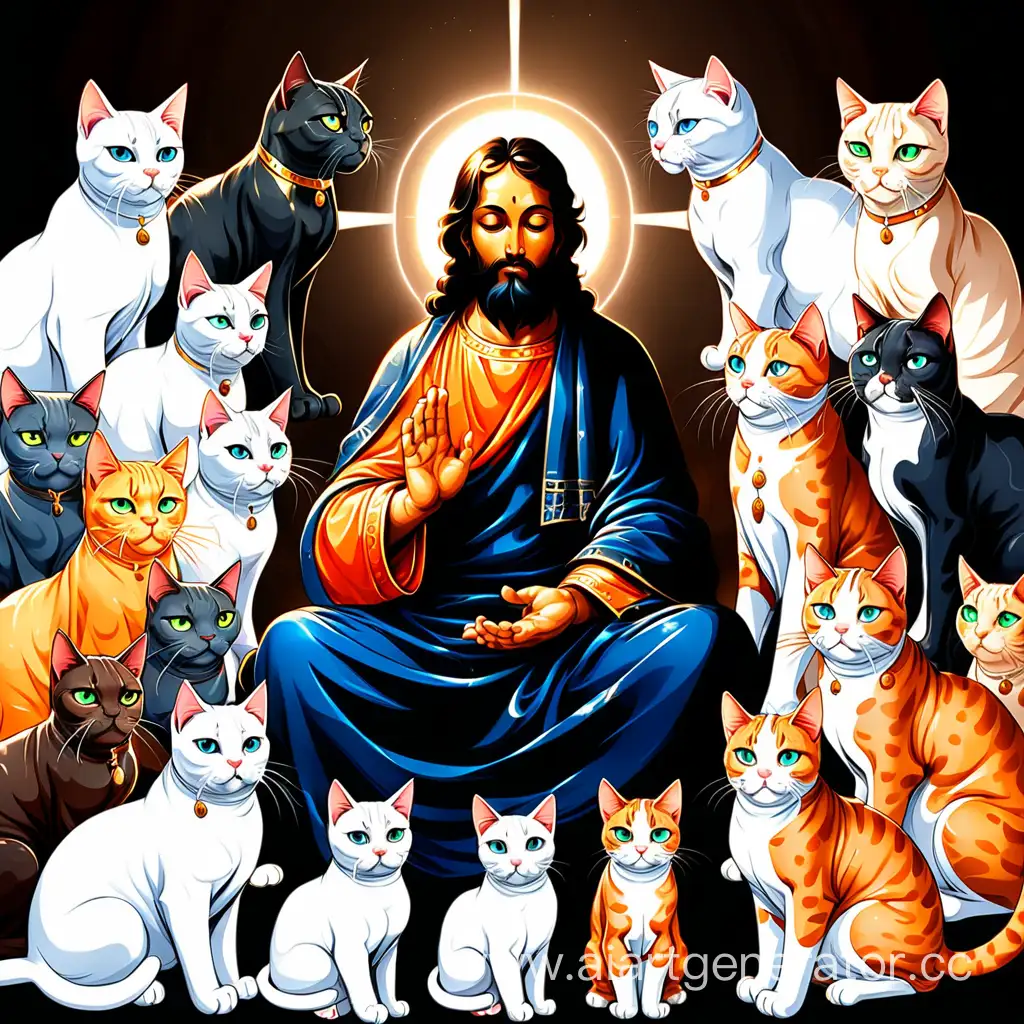 Deity-Surrounded-by-a-Multitude-of-Diverse-Feline-Companions