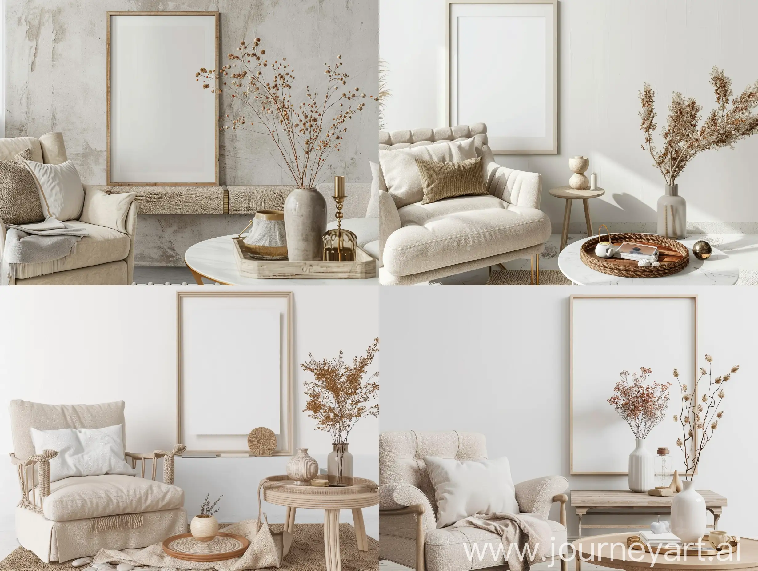 Elegan composition of living room interior with mock up poster frame, beige armchair, stylish tray, vase with dried flowers, decoration, coffee table and personal accessories. Home decor