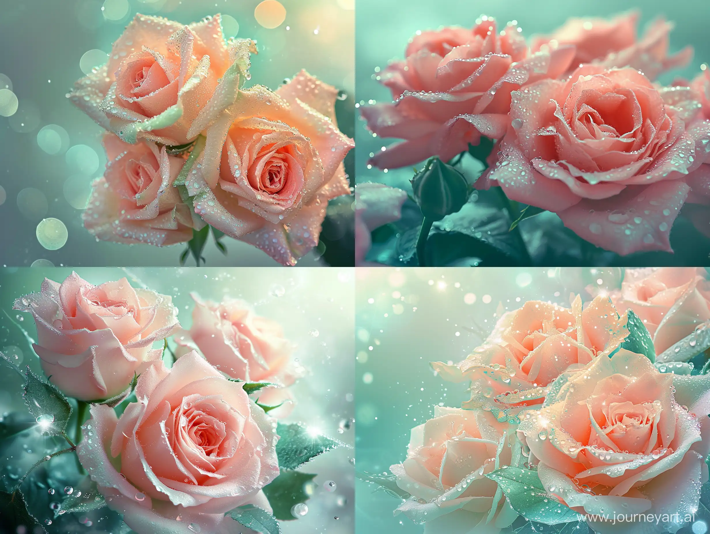 нежно-розово-мятный пышный букет роз, сложных,изумительных,волшебных нежных,цвет мята,искрящиеся капли росы,заря,волшебно,в пастельных прозрачных тонах,гипер реалистично,красивый