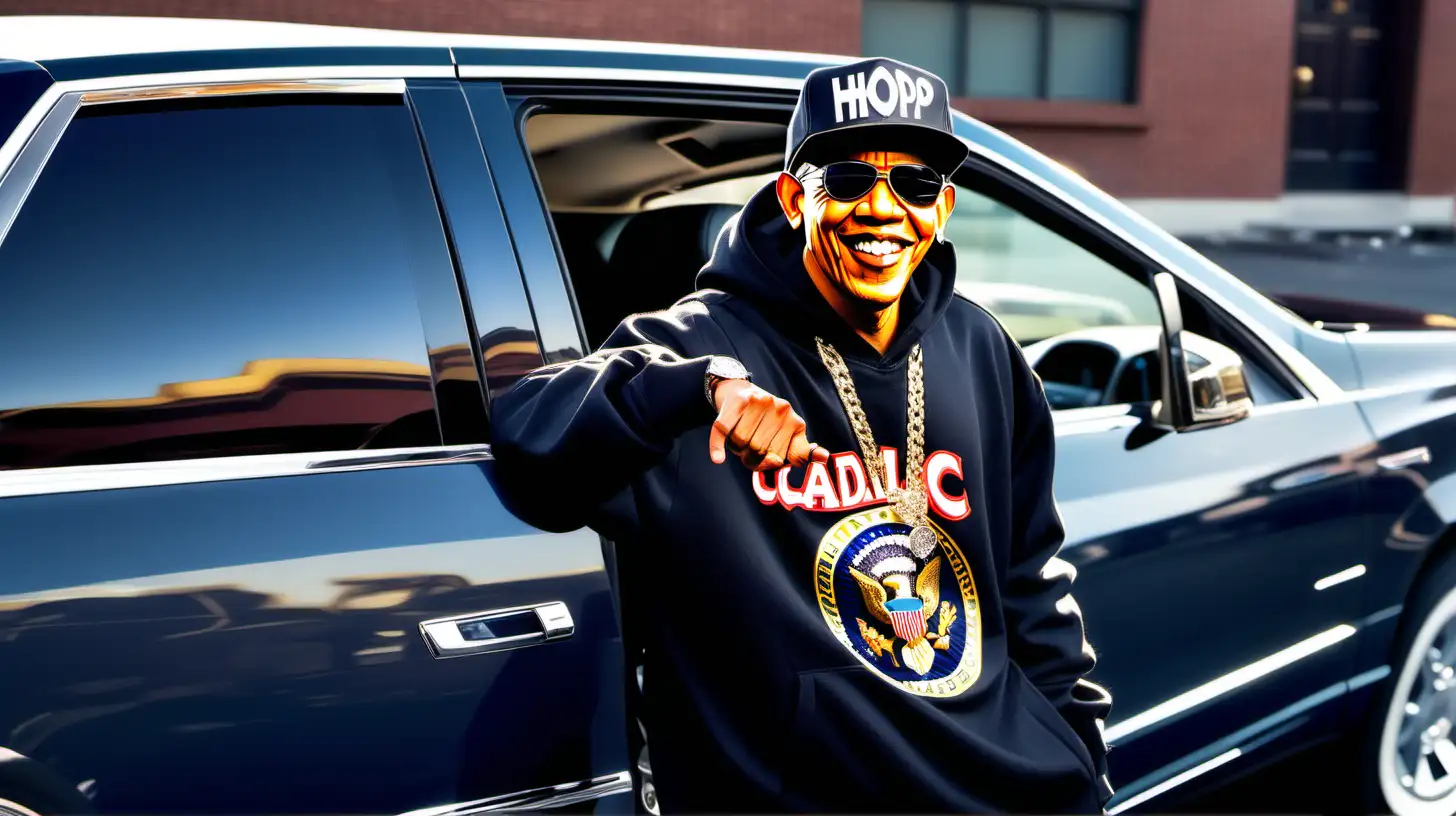 portrait barack obama dressed as a hiphop rapper in a Cadillac
