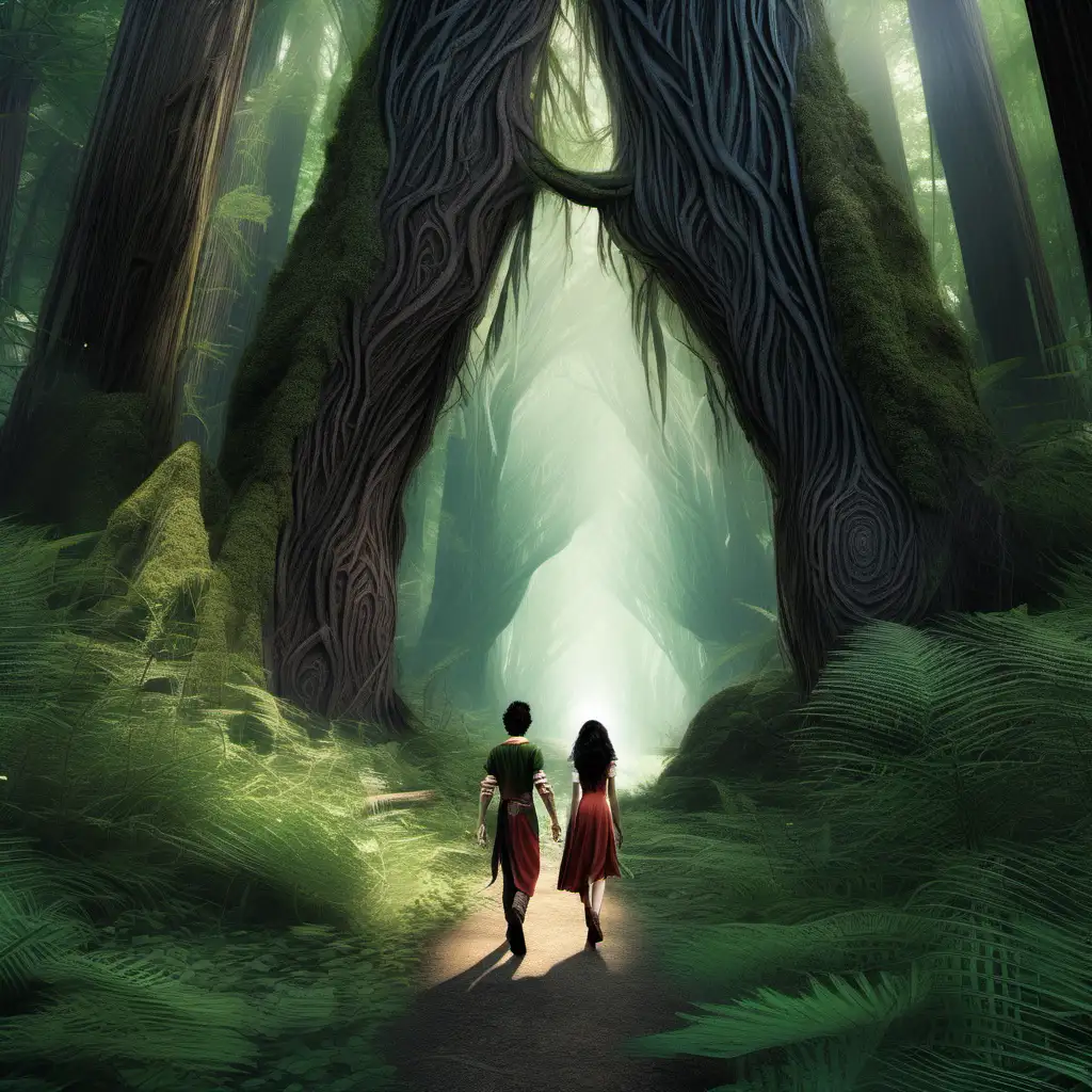 redwood forest, portal into elf city, black hair elf brother and sister, exiled, sent away, walking away, fantasy