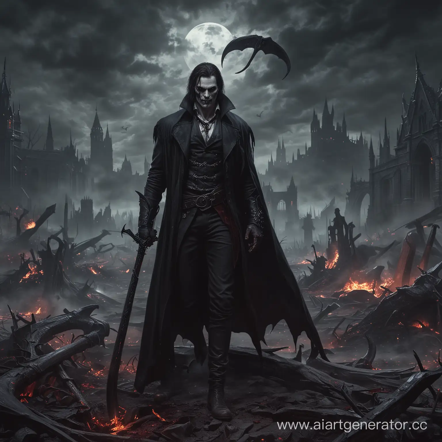 vampire, hell in background, with scythe in arm