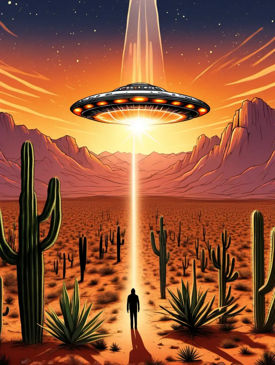 A ufo is centered over head in the sky with a ray coming down from the ufo to beam somebody up. Thet scene is a desert with a orange sunrise coming over mountain lots of cactus on the ground.  