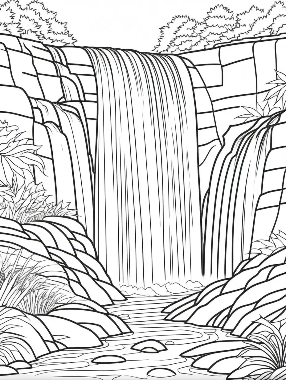 Serene Waterfall Coloring Page with Bold Lines