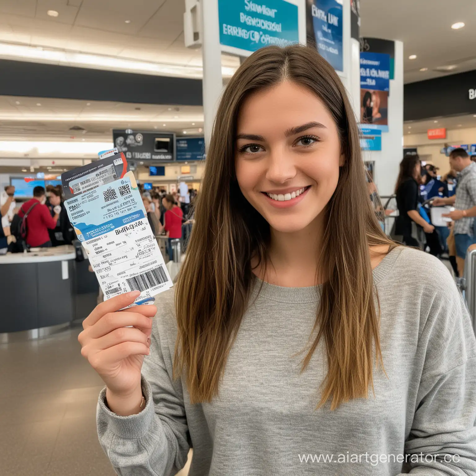 girl holding a flight boading pass and ticket showing it off