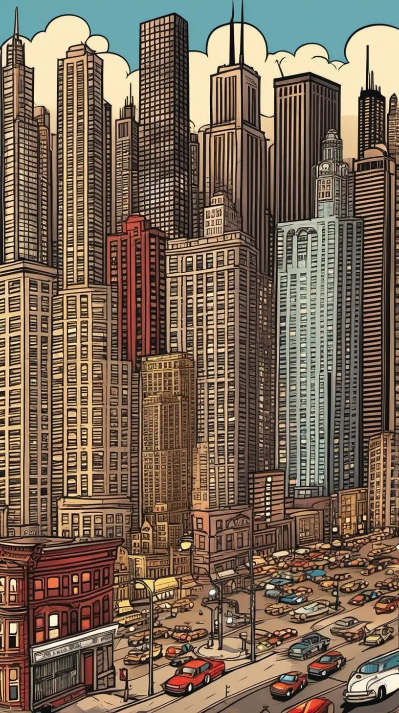 Chicago cityscape in the style of iconic pop culture caricatures, 2D, cartoon 