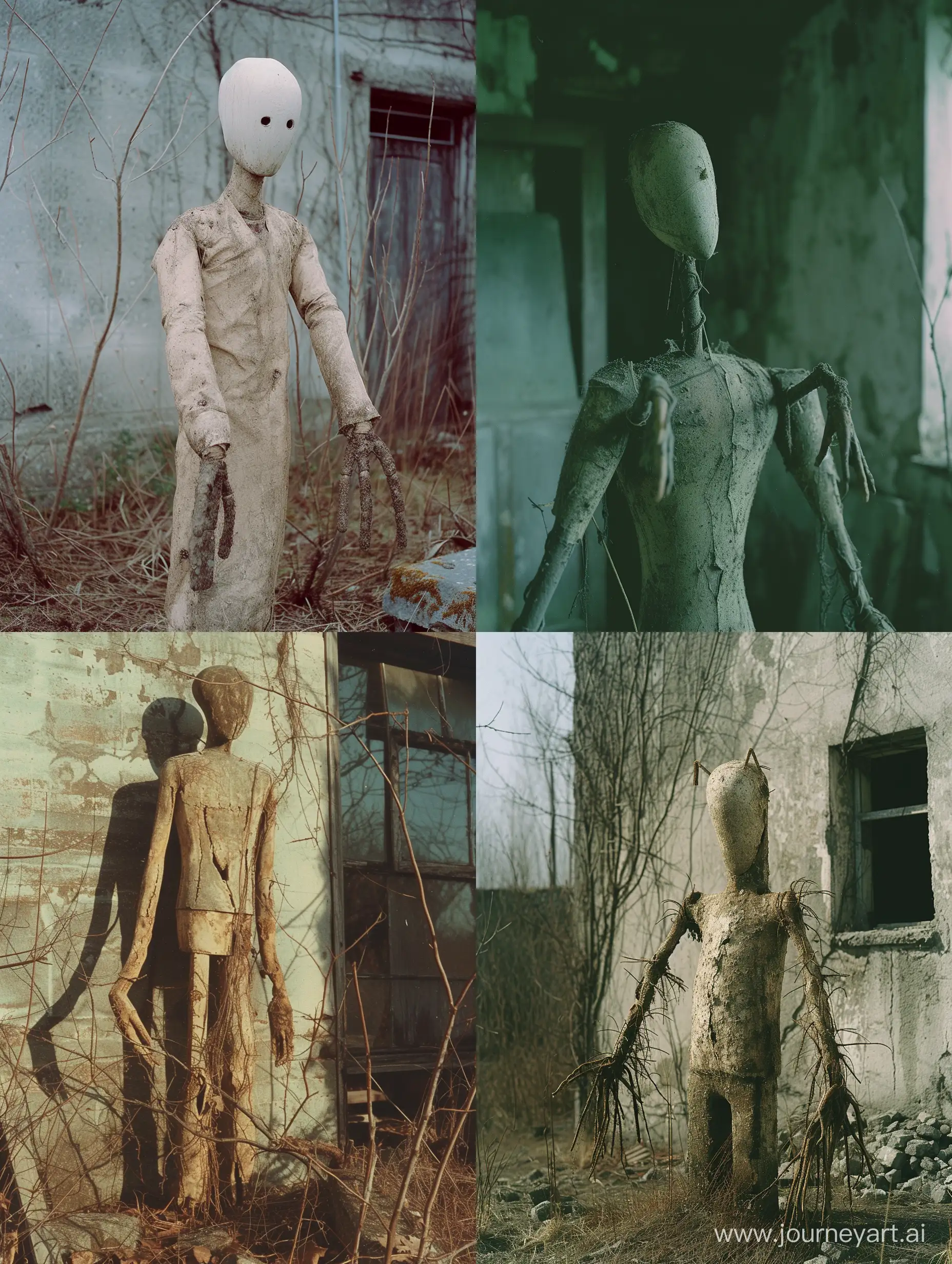 It looks something like a mannequin with a distorted pair of arms.  Nobody knows why it appears, saturated, desolate building, folk horror, creepy pasta, hike core, photo taken on provia