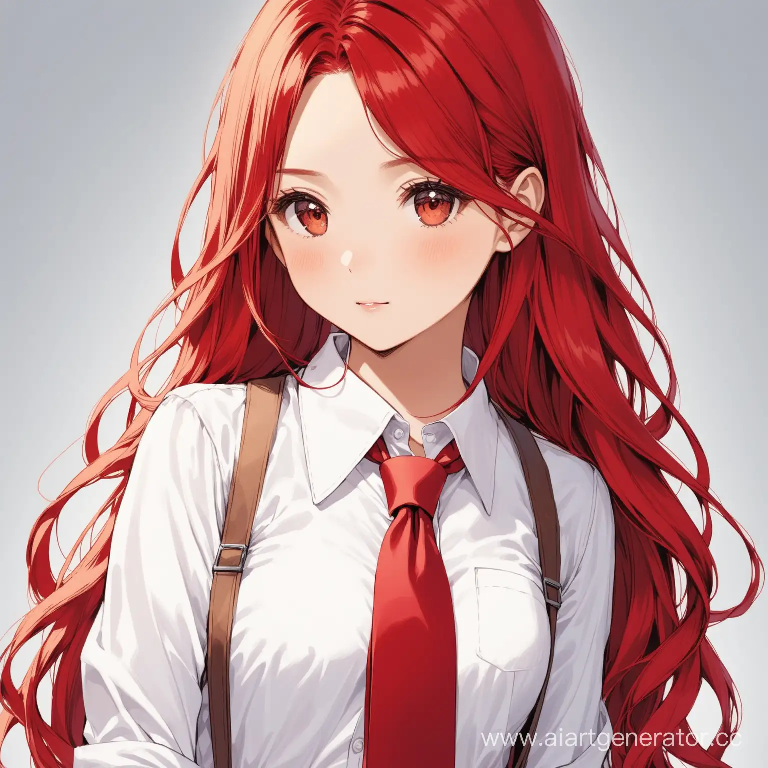 девушка с красными волнистыми и длинными волосами в белой рубашке и красном галстуке пионера