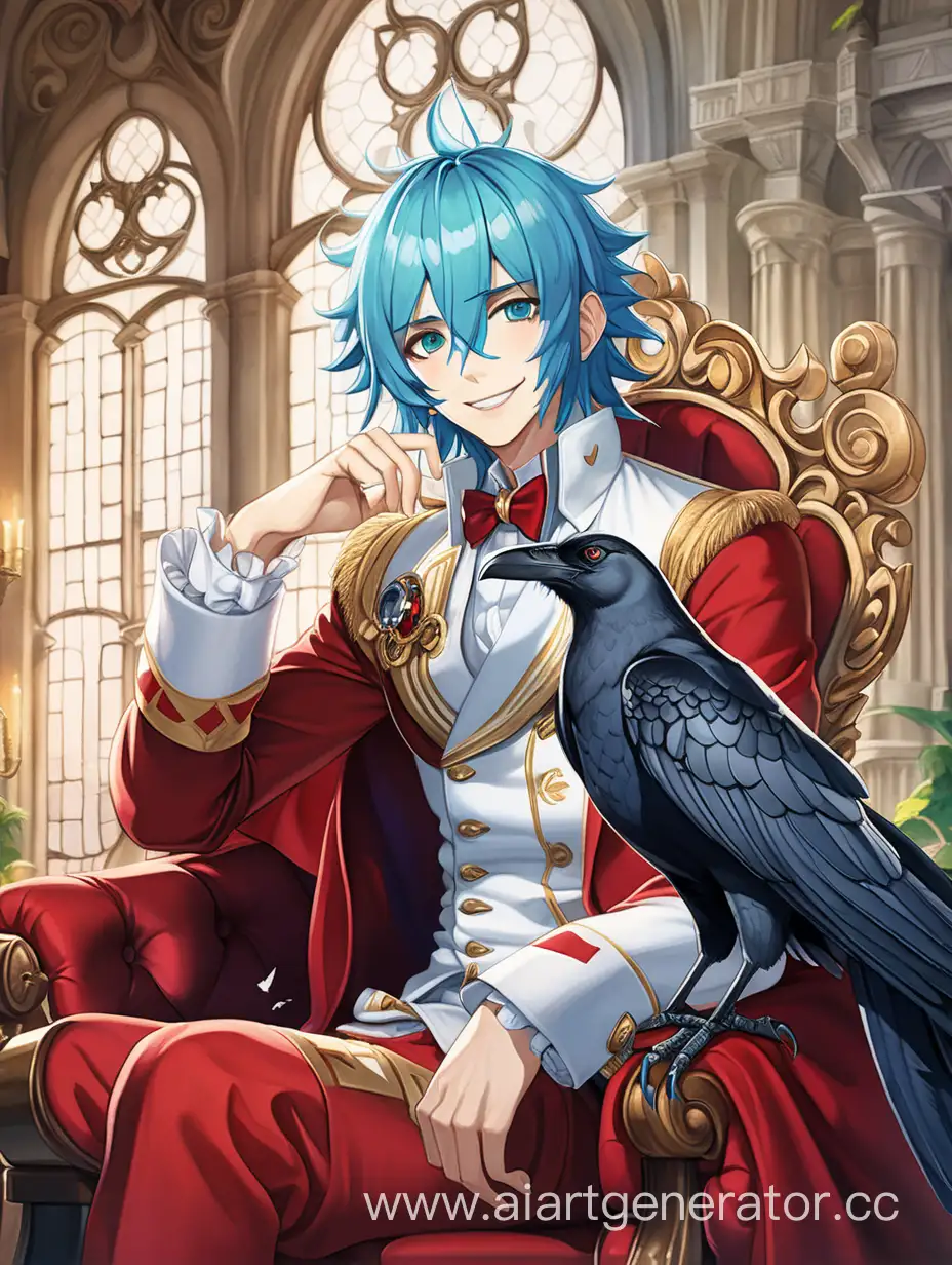 Regal-Anime-Hero-with-Blue-Hair-on-Throne-Accompanied-by-Crow