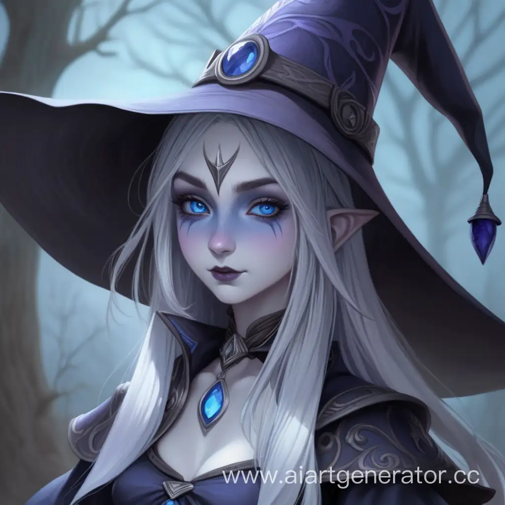 девушка дроу, в ведьминой шляпе, рост 155, бледная кожа, синие глаза, серебристые волосы
