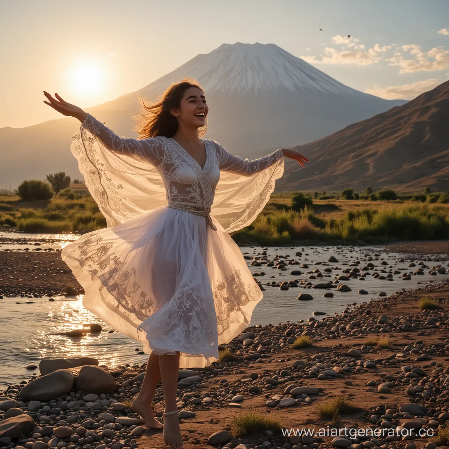 В Армении на фоне горы Арарат на берегу реки Кура, в лучах утренней зари танцует девушка как прекрасная царица. В её улыбке радость и вдохновенье. Как птица в полете, она нежно парит. Её шаги плавны и легки, воплощение грации.