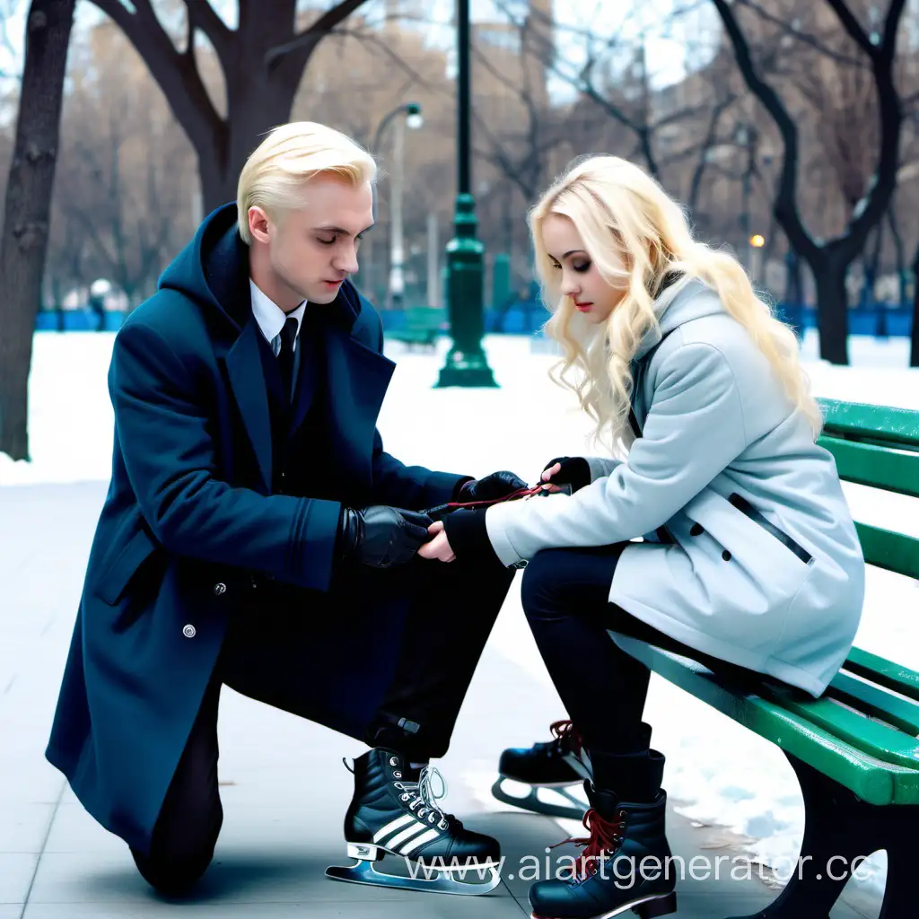 Handsome young attractive Draco Malfoy on a bench tying a girl's shoelaces on skates with a beautiful young hot, attractive girl with blonde hair and blue eyes, in the city park, lights in full growth, winter, in a coat
