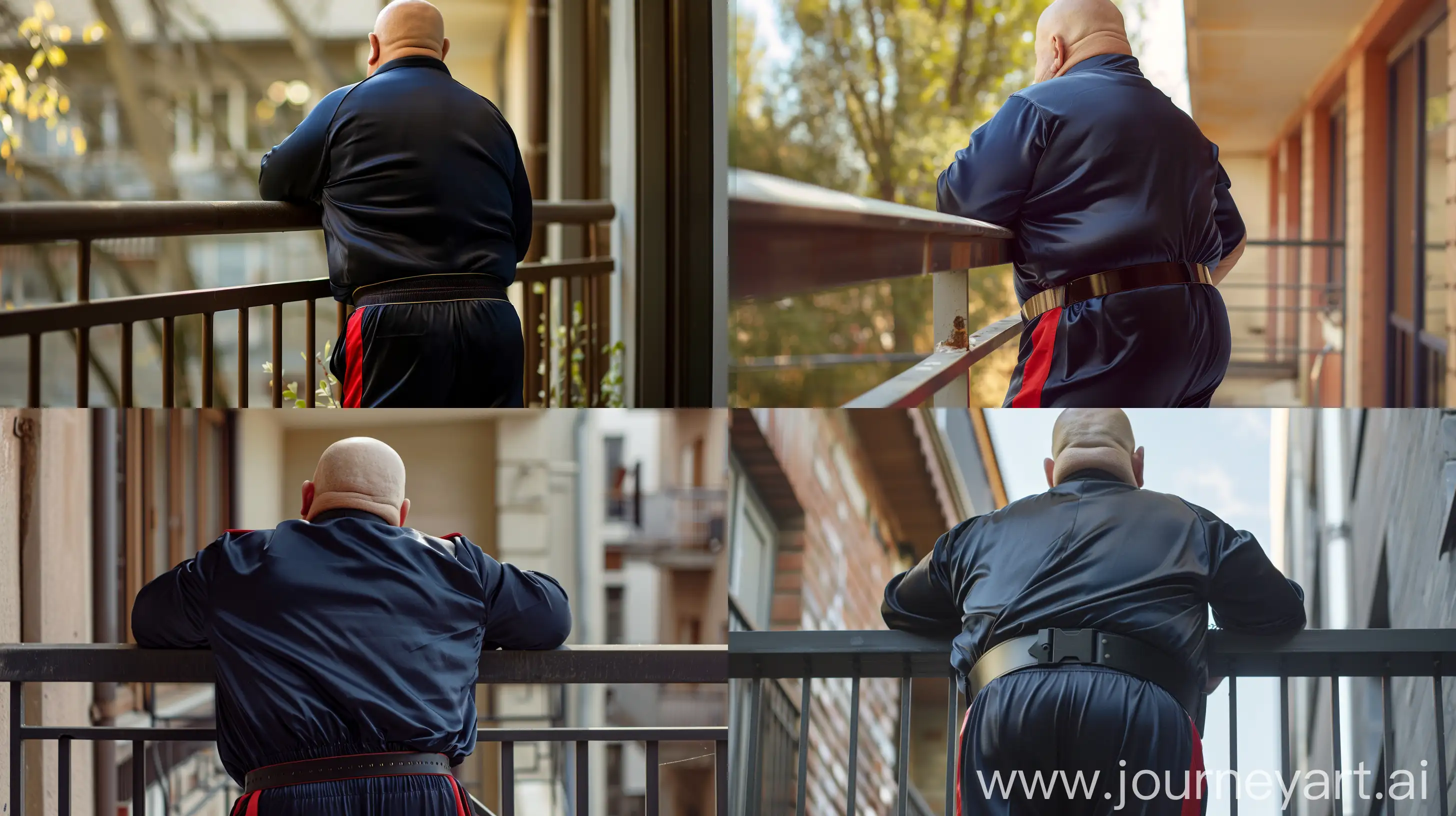 Back view close-up photo centered on the waist of a fat man aged 70 wearing a silk navy tracksuit with red stripe on the leg. Black tactical belt. Leaning on a balcony. Bald. Clean Shaven. Natural light. --style raw --ar 16:9