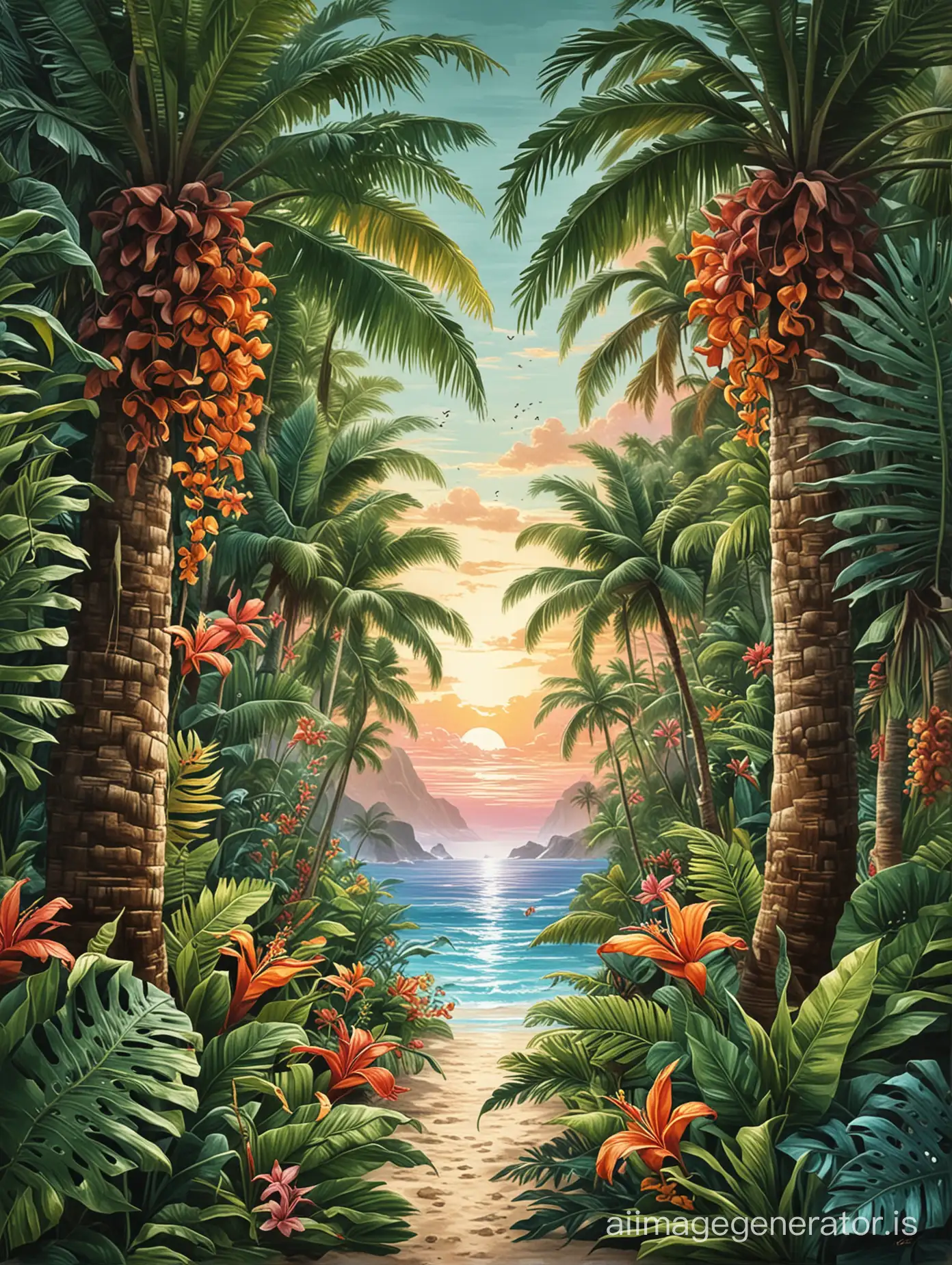 Vibrant-Tropical-Artwork-Lush-Jungle-Paradise-with-Exotic-Flora-and-Fauna