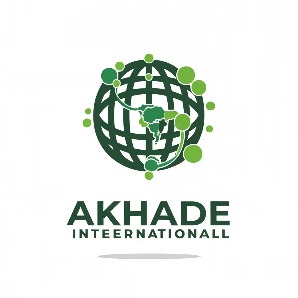a logo design,with the text "Akhade International", main symbol:Design a flat vector, illustrative-style emblem logo for 'Akhade International', featuring a stylized globe surrounded by interconnected geometric shapes symbolizing global reach and connectivity. Use a color scheme of deep green and silver to convey a sense of reliability and trust. Place this emblem on a white background to ensure clarity and impact.,Moderate,clear background