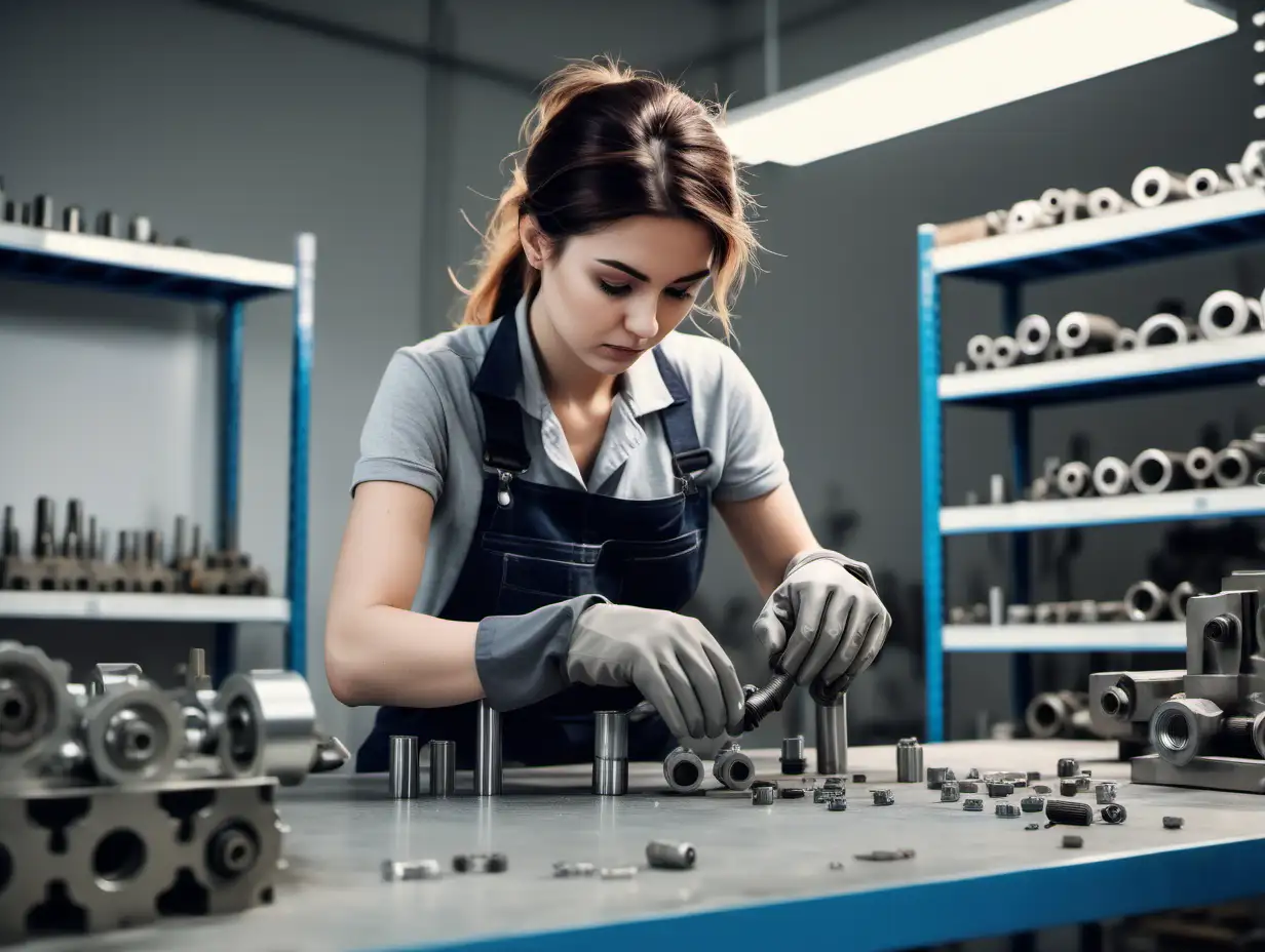 female worker working with hydraulic parts in a bright room, focus on her hands and not her face, also add some shelfs to the work shop