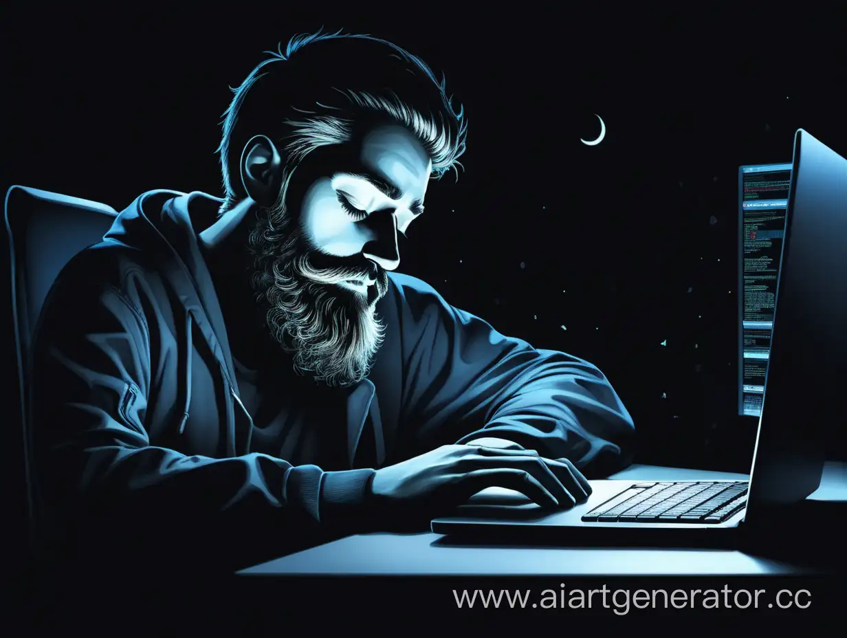 Bearded-Programmer-Sleeping-Behind-Black-Laptop-in-Dark-Workspace