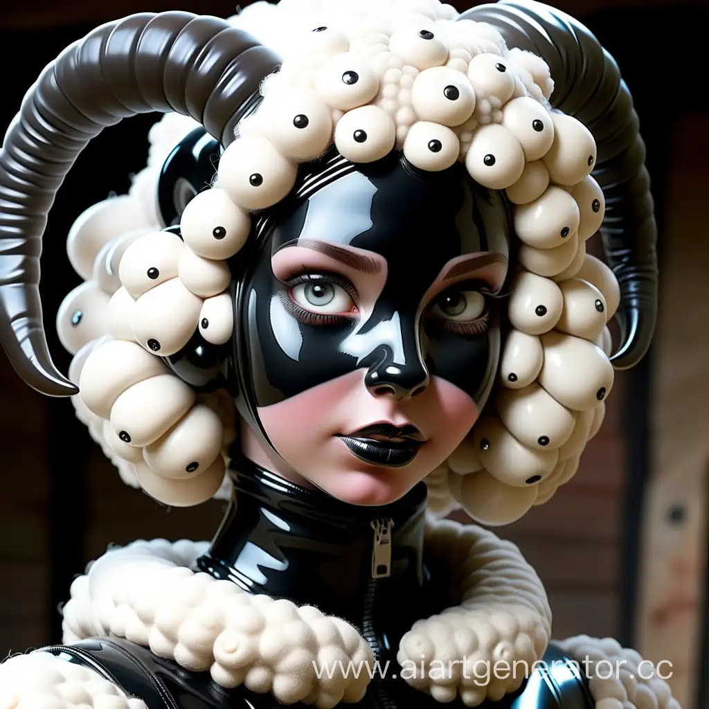 Латексная девушка с лицом овечки с резиновой белой шерстью и черной глянцевой латексной кожей