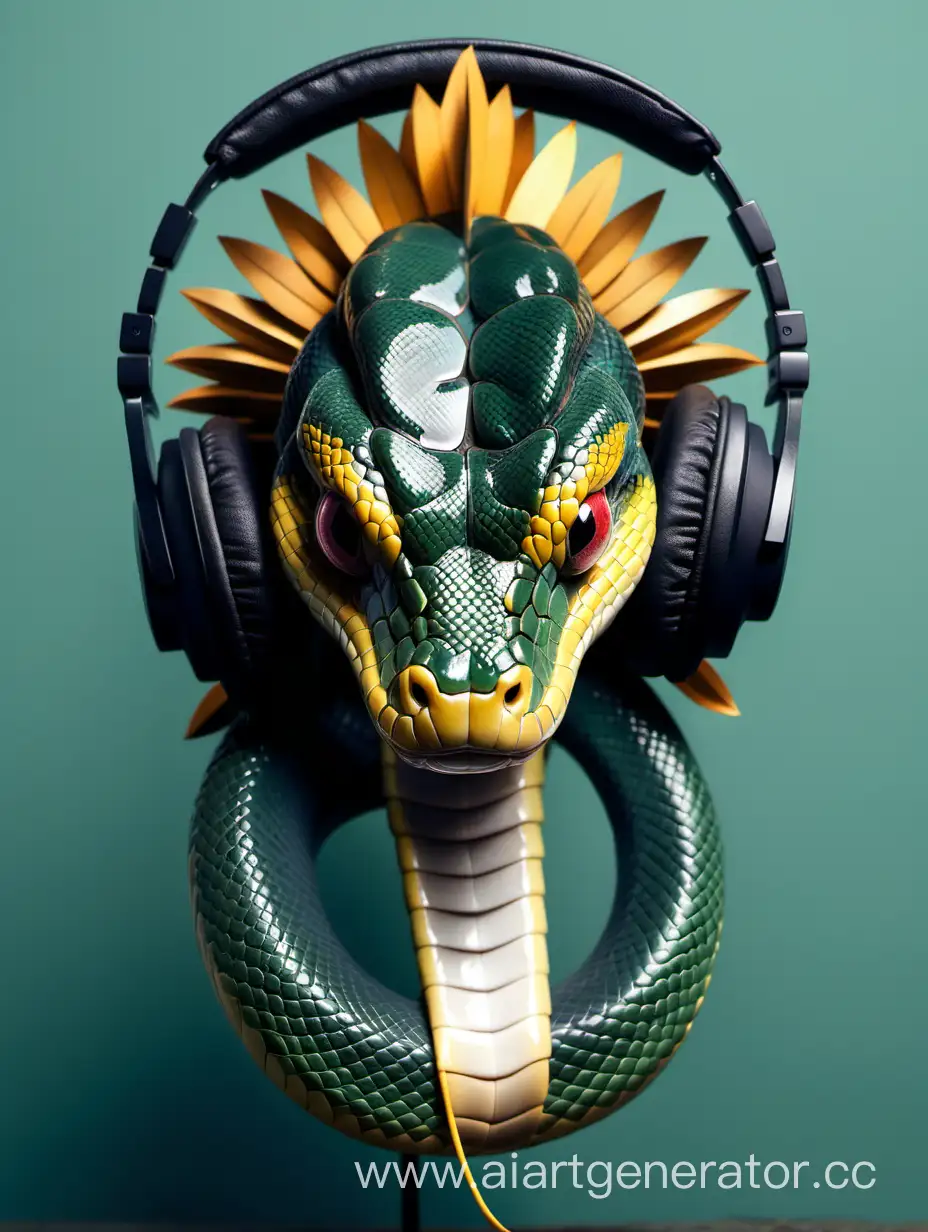 a snake in a headdress and headphones