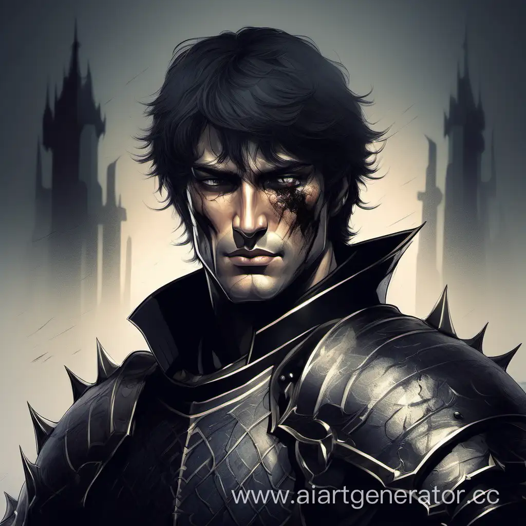 черный рыцарь красивое лицо  мужчина воин  темные короткие волосы средних лет  со шрамами
