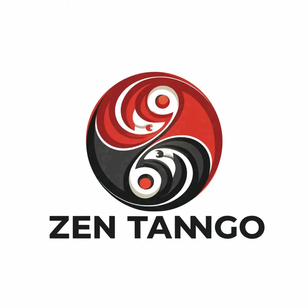 logo, Man and woman in an embrace like yin and yang symbol creating synergy. With silhouette style using colour scheme red and black. Simplicity. Zen theme., with the text "zen tango", typography, be used in Sports Fitness industry
