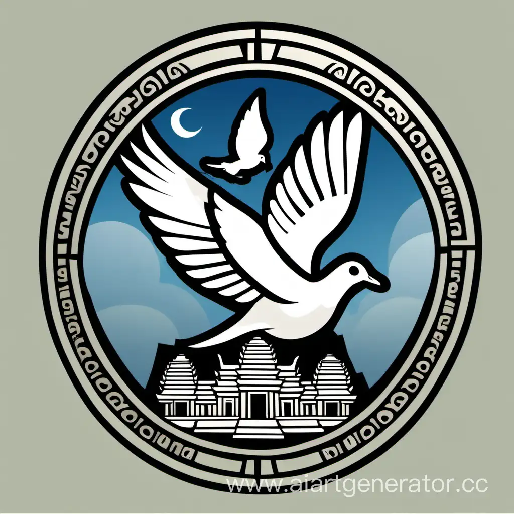 A  logo of a white dove flying over Angkor Wut