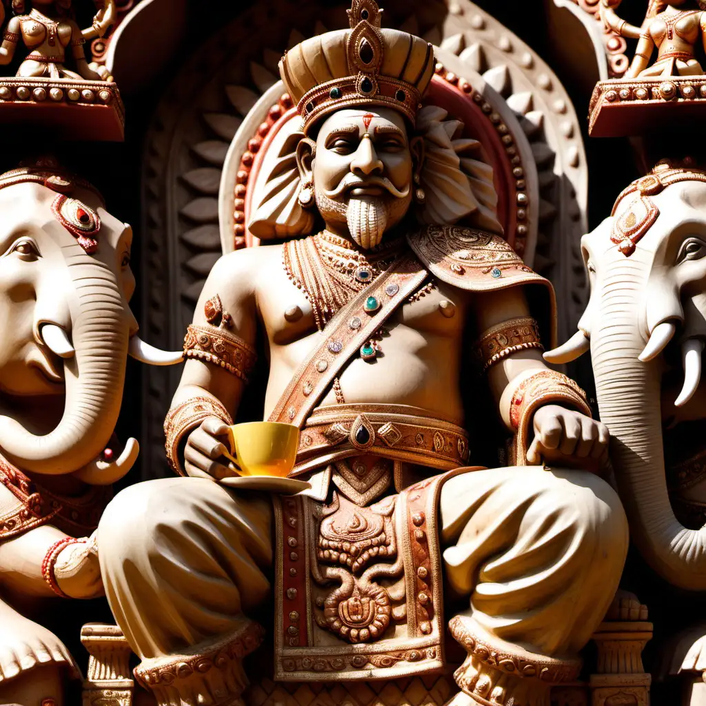 Close up of an Indian king. He is sitting on throne carved with elephants, he is drinking his royal  cup of tea.