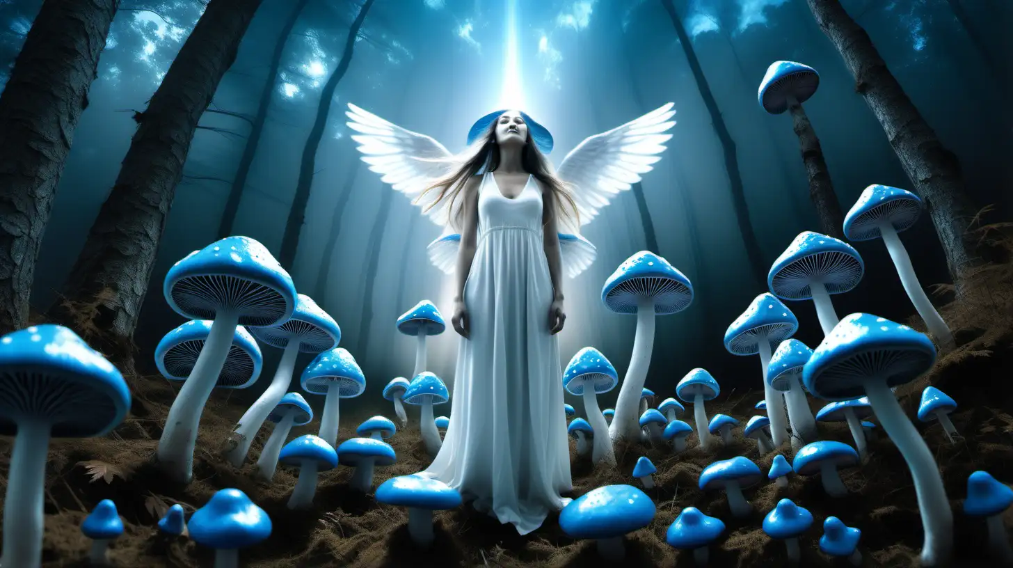 Create a psychedelic landscape with seminude feminine angelic spirit form having beautiful faces and ascending to the sky. Make glowing blue mushrooms that go up to the sky. Insert white mushrooms in the corners with directional lighting. Make the image look photographic with directional light. Create a soft space around the image.