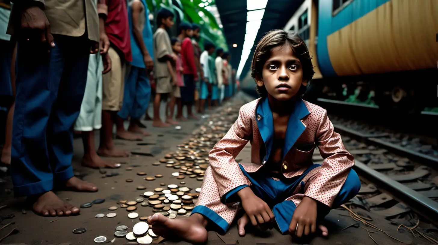 Confident 6YearOld Begging in High Fashion Fendi Pajamas Amidst Busy Indian Jungle