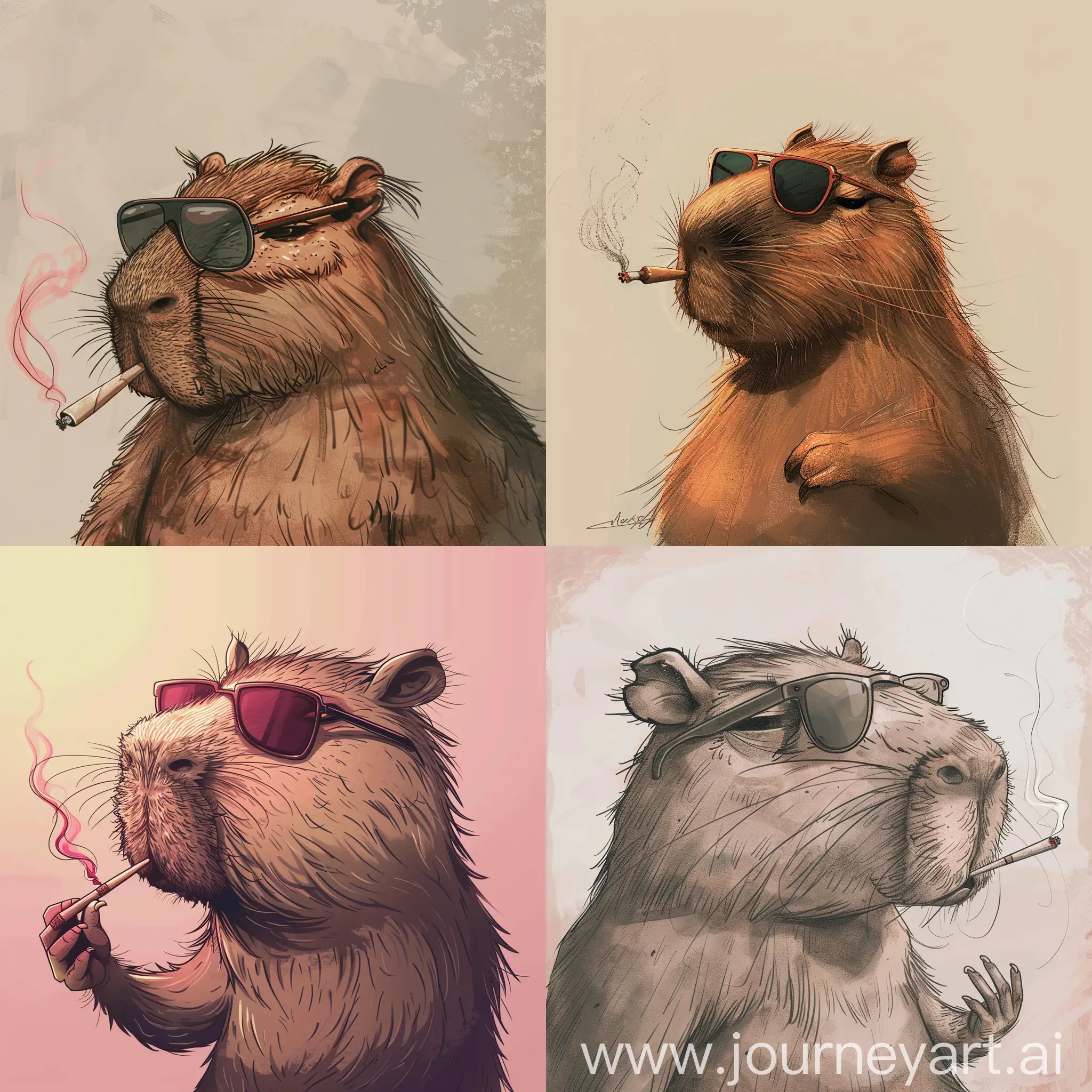 draw a cool capybara, smoking a joint, wearing sunglasses, cartoon artstyle